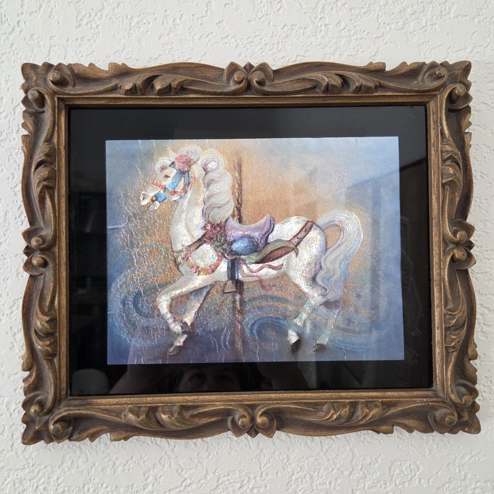 Antique Faux Wood Ornate Carved Frame With Foil Carousel Horse Print 12"x10" USA